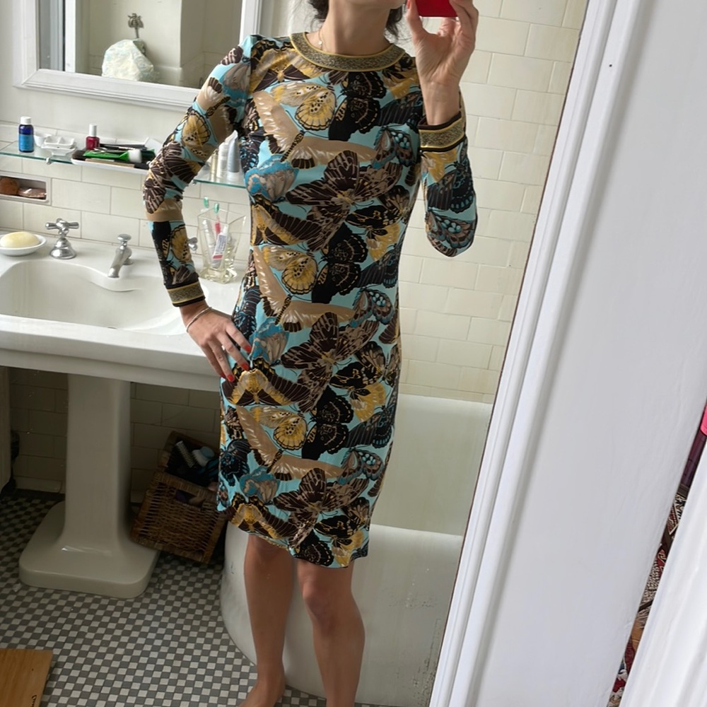 Tory Burch 100% silk butterfly print longsleeve dress, cuff & neckline detail XS